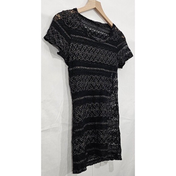 Sheer Lace Micro Mini Dress Y2K 90s Fairy Grunge Goth Glam Metallic Black Size M - Picture 7 of 13